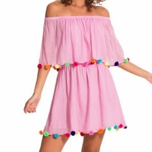 Pitusa Pink Pom Pom Festival Boho Coverup 100% Cotton Mini Dress